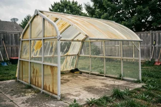 Abri de jardin en plastique dégradé avec panneaux jaunie et déformés montrant les inconvénients du vieillissement UV