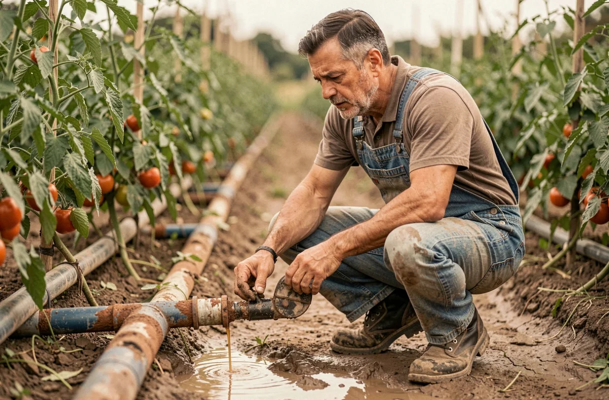 Agriculteur examinant une canalisation d'irrigation goutte-à-goutte corrodée et fuyante dans un champ de légumes avec des signes d'engorgement du sol