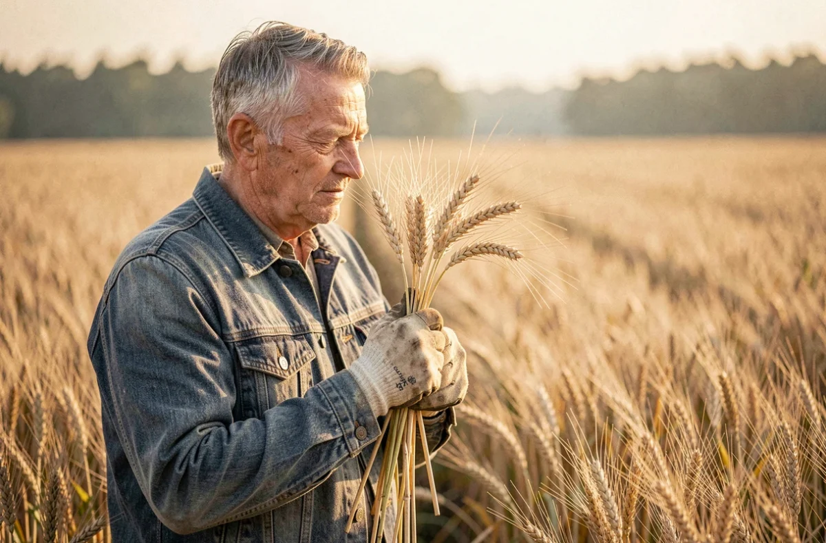 Agriculteur expérimenté inspectant un épi de blé dans un champ doré pour optimiser le rendement agricole