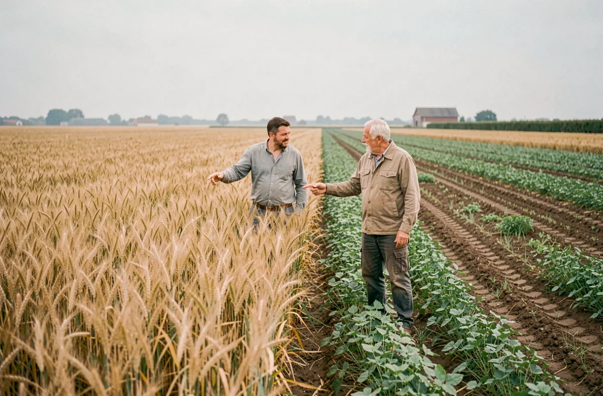 Deux agriculteurs discutant de l'alternance des cultures entre un champ de blé et un champ de légumineuses