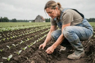 Agricultrice examinant la rotation des cultures dans un champ avec des rangées alternées de semis et de sol nu