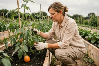 Agronome examinant des plants de tomates dans un jardin maraîcher biologique pour améliorer la production végétale