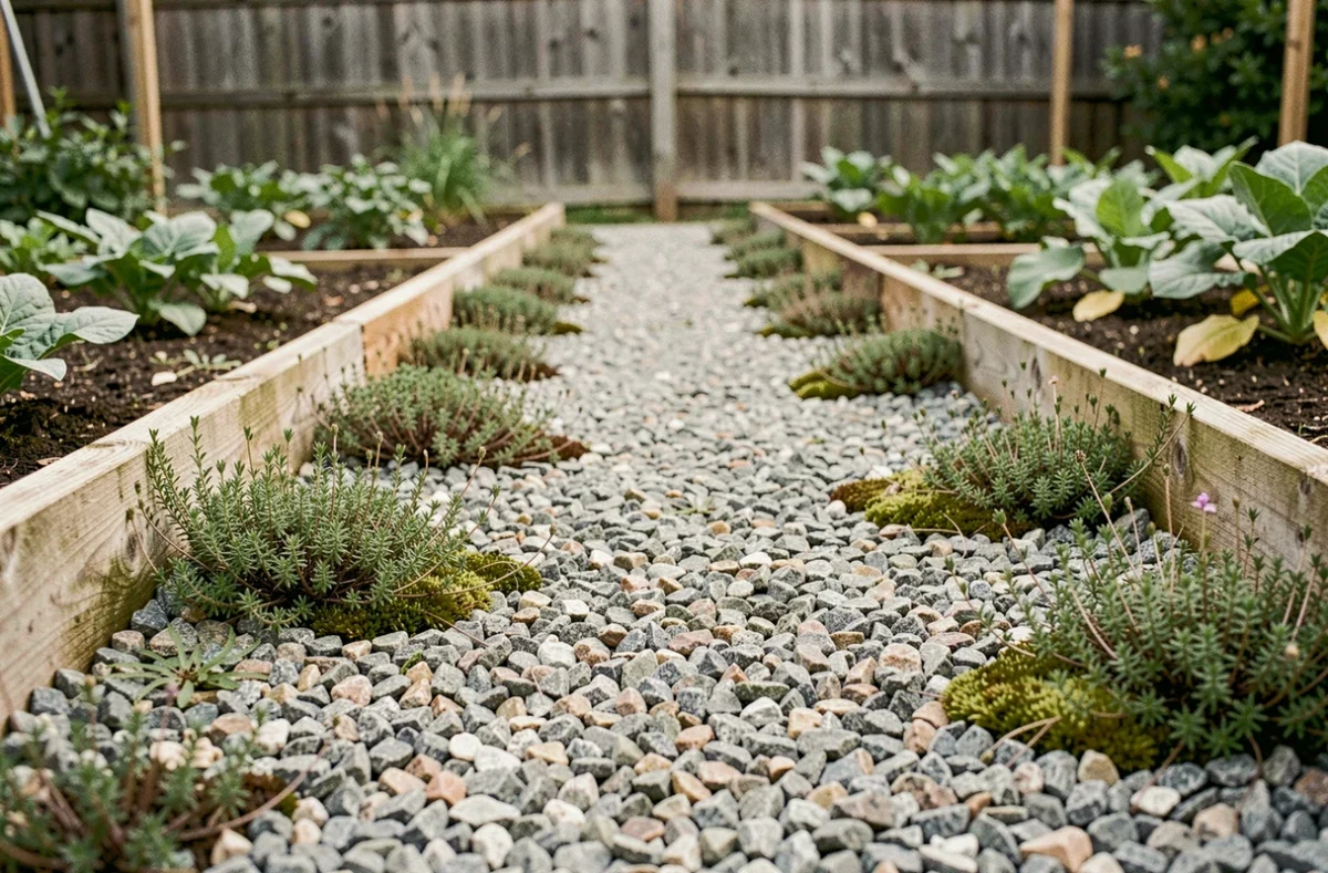 Allée en gravier avec bordures en bois dans un jardin potager résidentiel