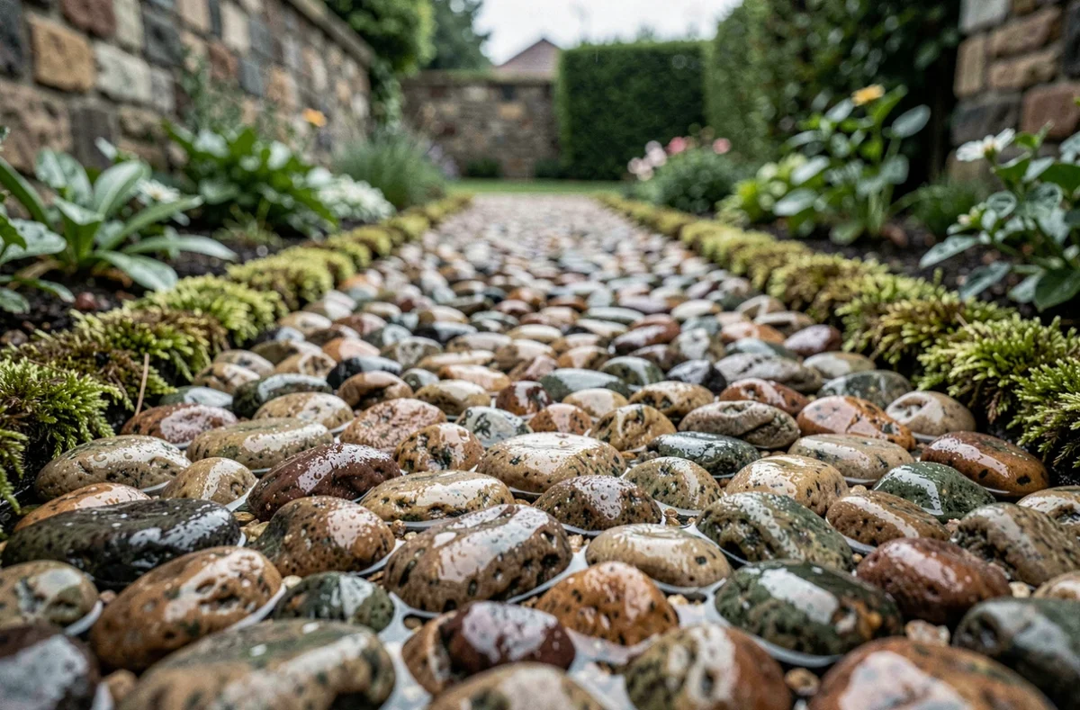 Allée en gravier perméable permettant l'infiltration naturelle de l'eau de pluie dans le sol du jardin