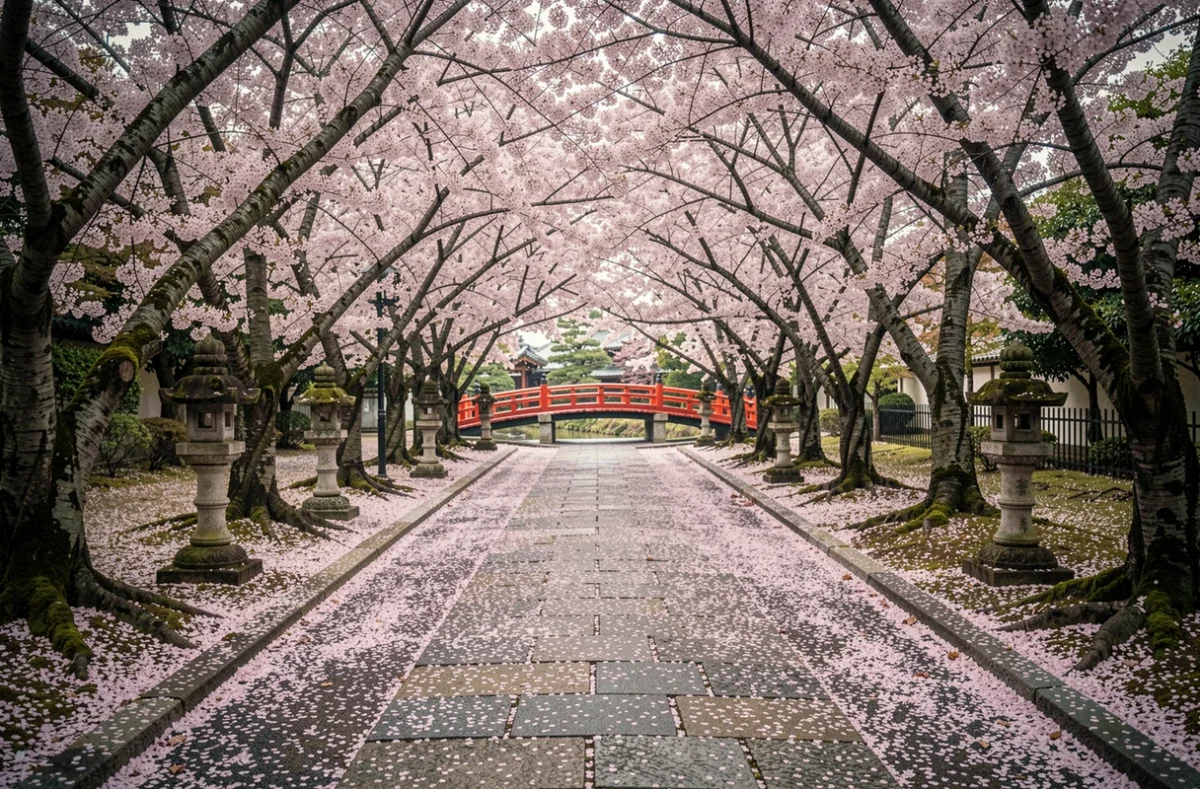 Allée d'un jardin japonais tapissée de pétales de cerisiers sakura formant un tunnel de fleurs roses au printemps