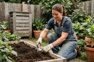 Femme en train d'amender la terre de son potager avec du compost dans un jardin verdoyant