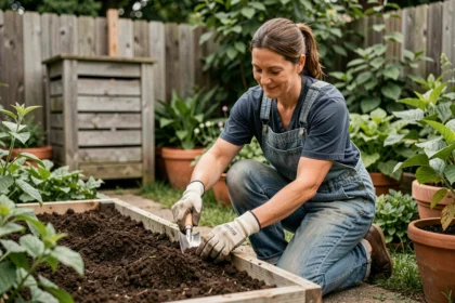 Femme en train d'amender la terre de son potager avec du compost dans un jardin verdoyant
