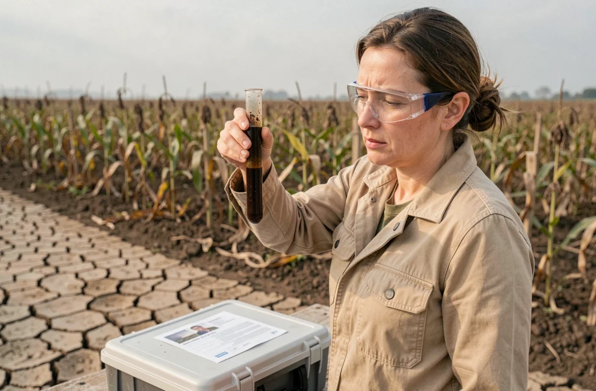 Analyste environnementale examinant un tube d'échantillon de sol en milieu agricole pour détecter une contamination chimique