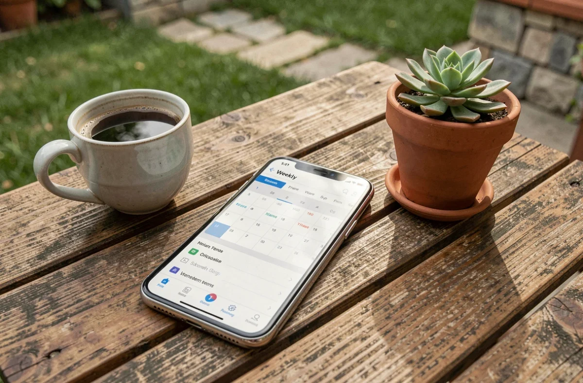 Smartphone affichant une application de programmation de robot tondeuse posé sur une table de jardin en bois