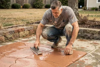 Artisan appliquant un revêtement de résine sur une dalle de béton extérieure abîmée dans un jardin