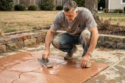 Artisan appliquant un revêtement de résine sur une dalle de béton extérieure abîmée dans un jardin