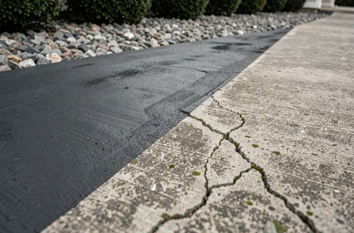 Comparaison avant-après d'une allée en béton extérieur, une moitié peinte en gris anthracite et l'autre non traitée