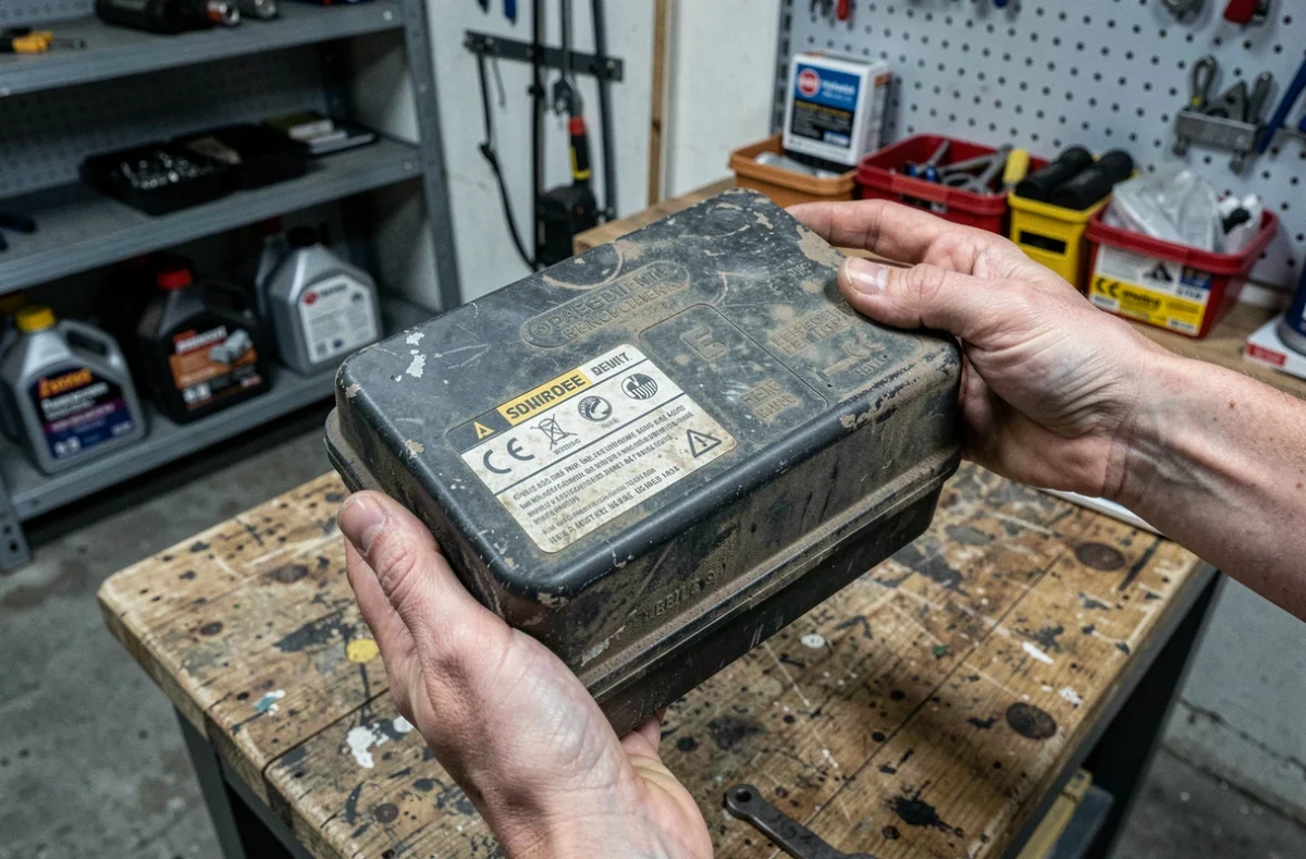 Gros plan d'une batterie usagée de tondeuse robot sur un établi de garage montrant des signes de vieillissement et d'usure