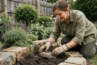 Femme en train de poser des pierres naturelles pour créer une bordure de jardin le long d'un parterre de fleurs
