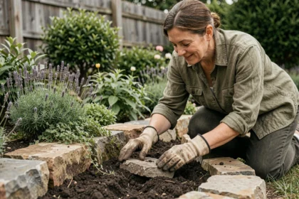 Femme en train de poser des pierres naturelles pour créer une bordure de jardin le long d'un parterre de fleurs