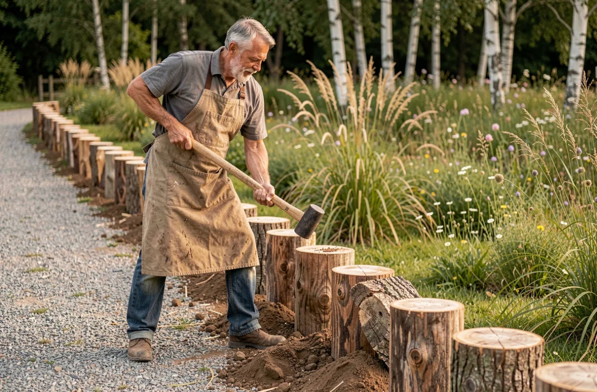 Homme installant une bordure en rondins de bois dans un jardin naturel pour délimiter une allée de gravier