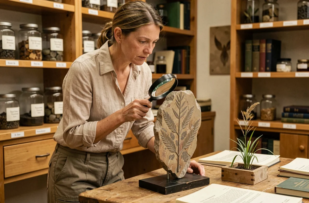 Botaniste examinant un fossile de Cooksonia dans un laboratoire de musée d'histoire naturelle, illustrant la recherche sur les premières plantes terrestres de l'histoire évolutive