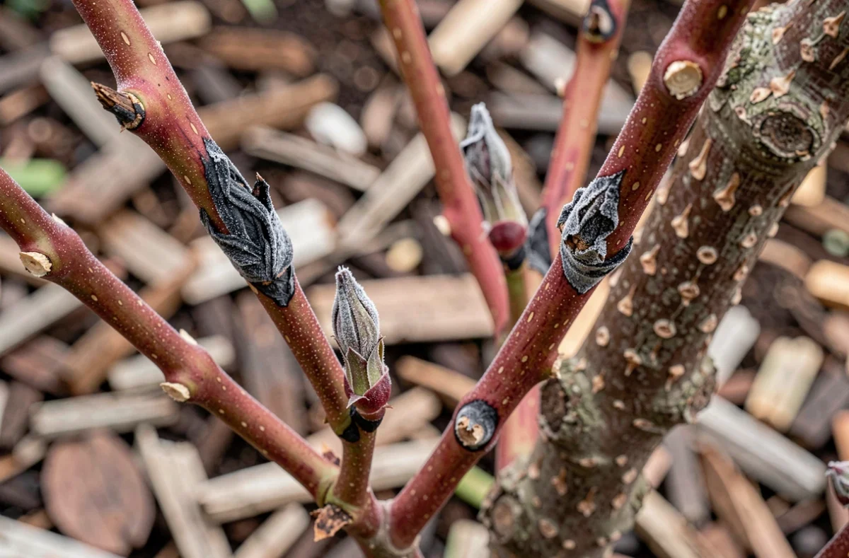 Bourgeons de rosier abîmés par le gel avec des pousses noircies et ratatinées au printemps
