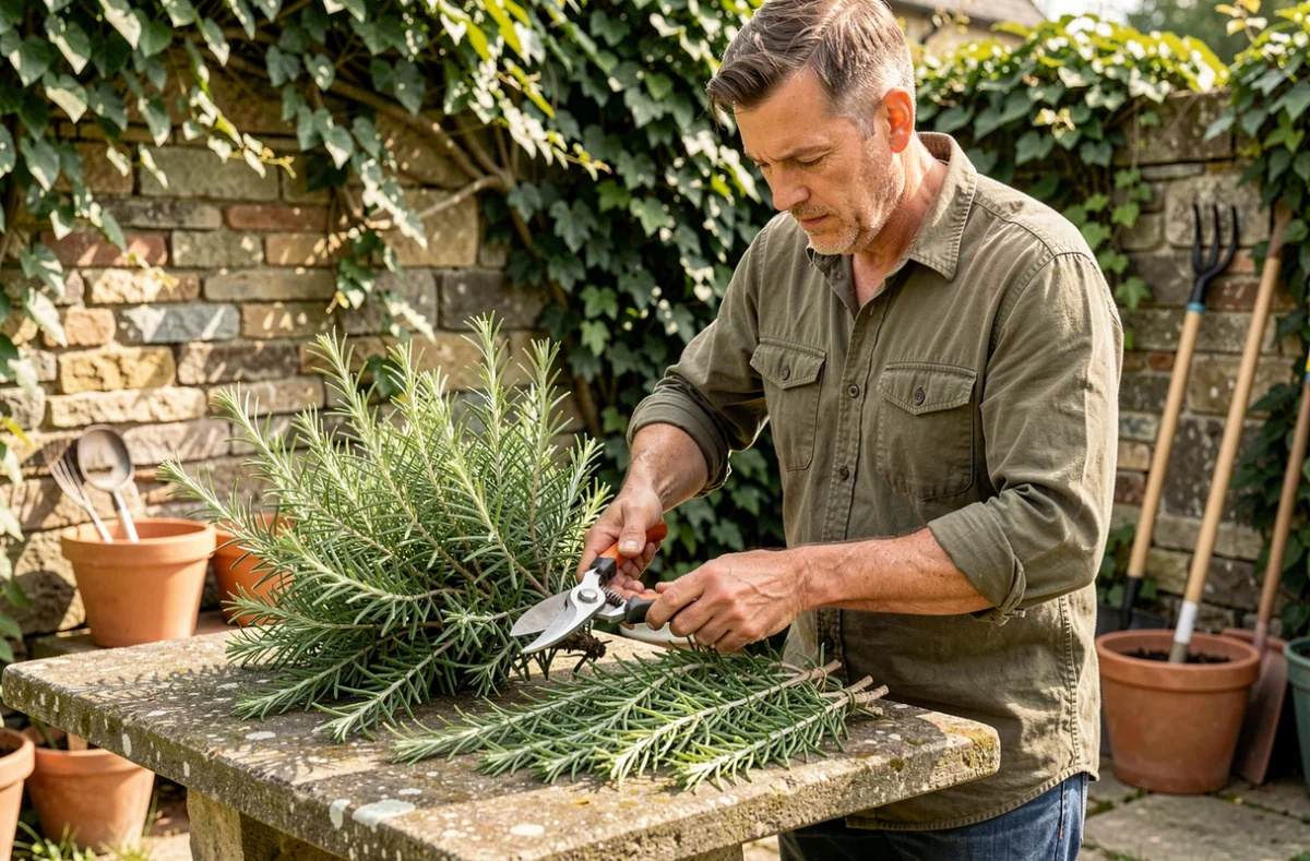 Homme réalisant du bouturage de romarin dans un jardin, coupe de tiges pour la multiplication végétative des plantes aromatiques