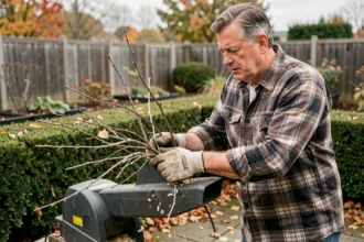 Homme utilisant un broyeur de jardin électrique pour broyer des branches et brindilles dans un jardin en automne