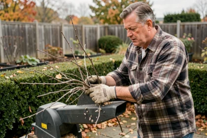 Homme utilisant un broyeur de jardin électrique pour broyer des branches et brindilles dans un jardin en automne
