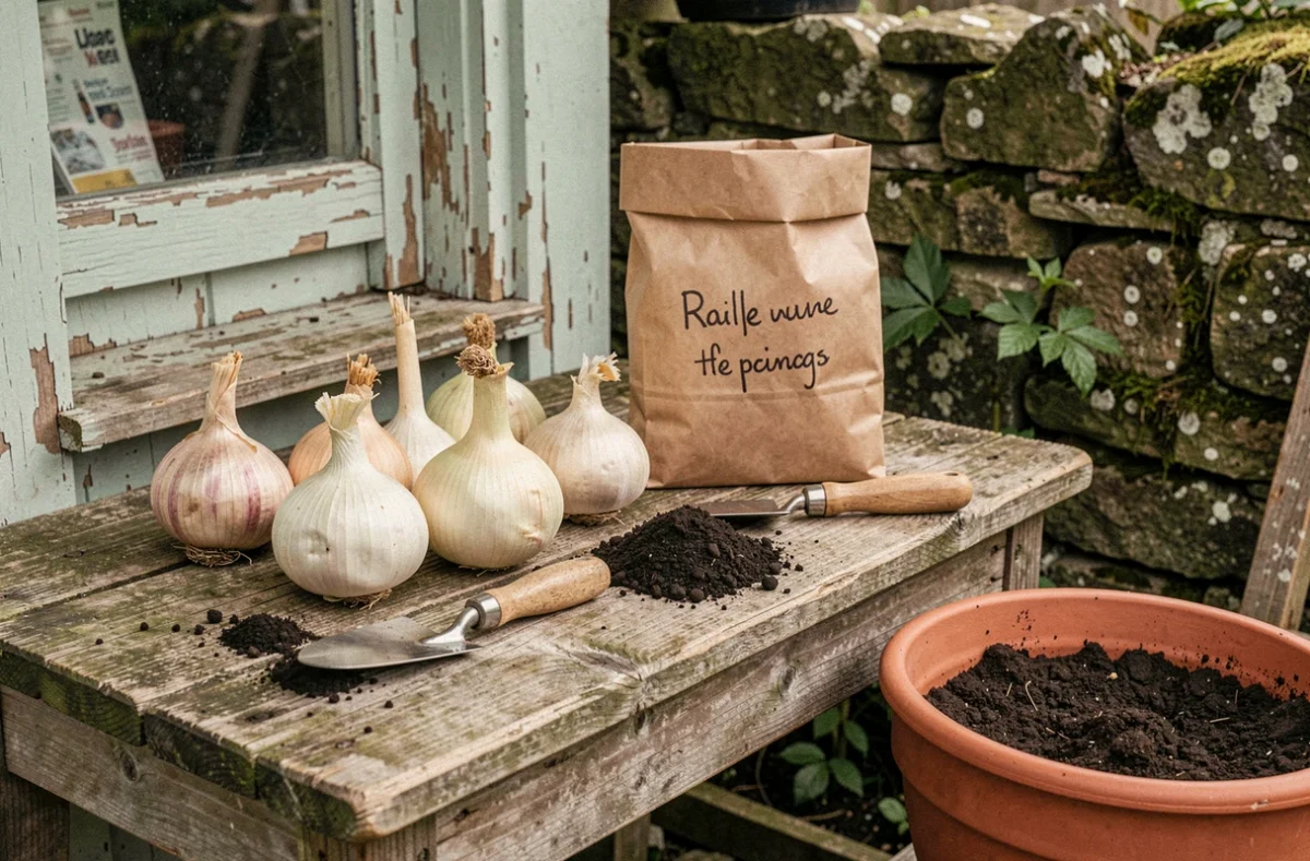 Bulbes d'allium posés sur une table de jardinage en bois avec truelle et pot en terre cuite