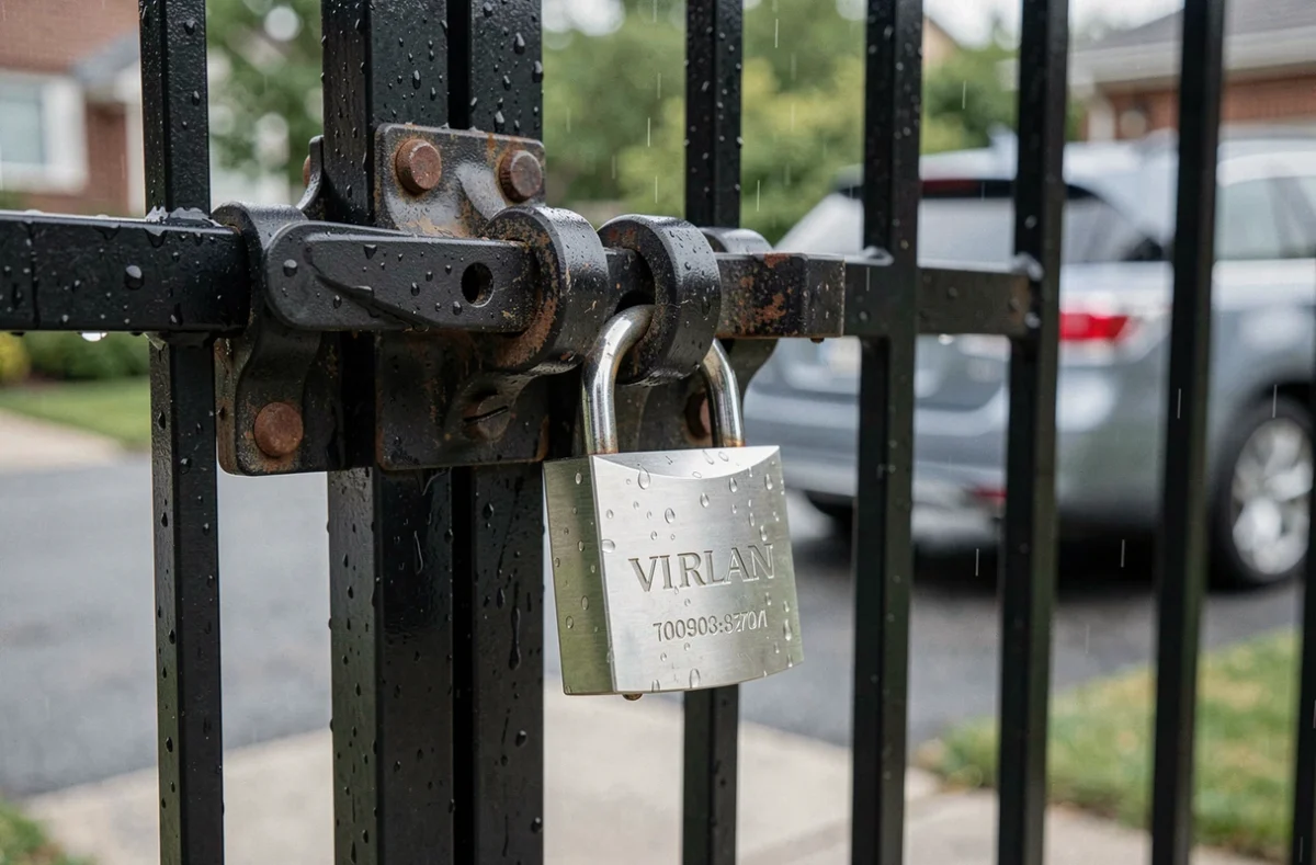 Gros plan sur un cadenas en acier fixé sur un portail en fer forgé noir avec gouttes de pluie