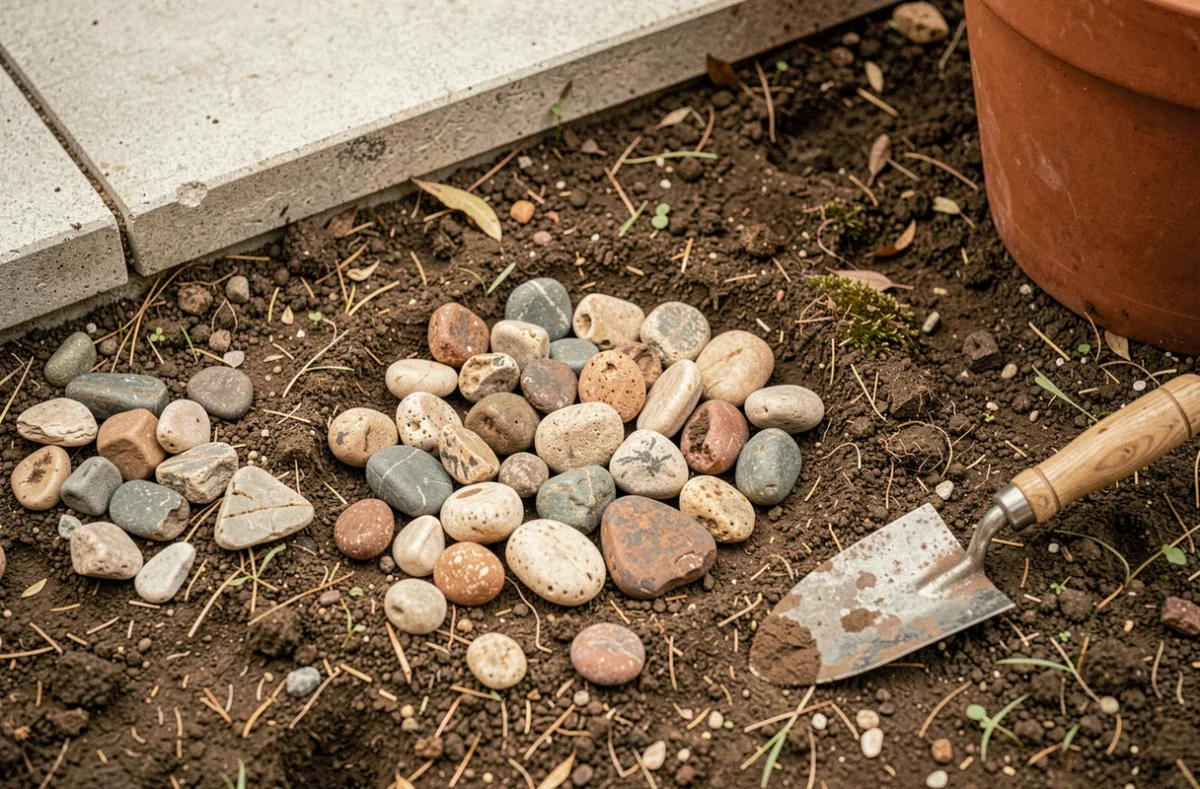 Gros plan sur des cailloux décoratifs posés sur la terre d'un jardin avec une truelle