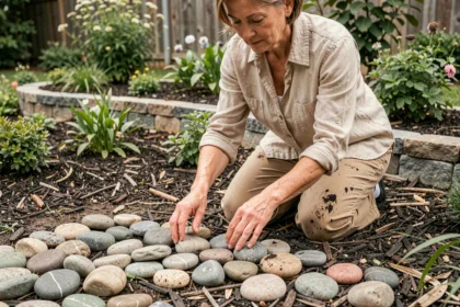 Femme qui pose des cailloux décoratifs sur le sol d'un jardin résidentiel