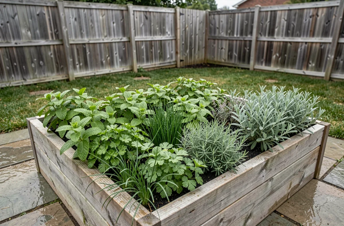 Carré potager surélevé en bois rempli de plantes aromatiques variées dans un jardin résidentiel