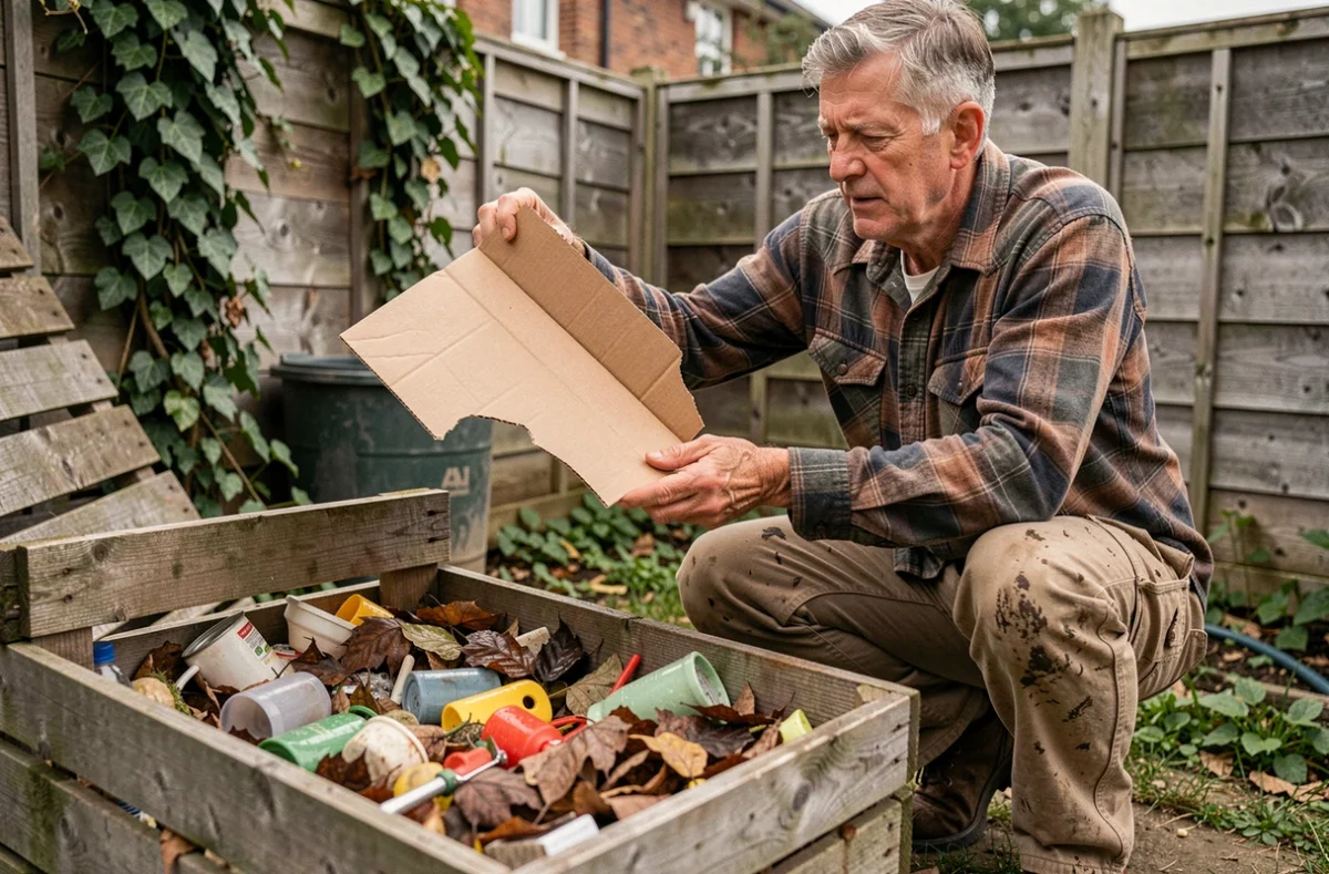 Homme ajoutant du carton dans un bac à compost extérieur pour enrichir le compost de jardin
