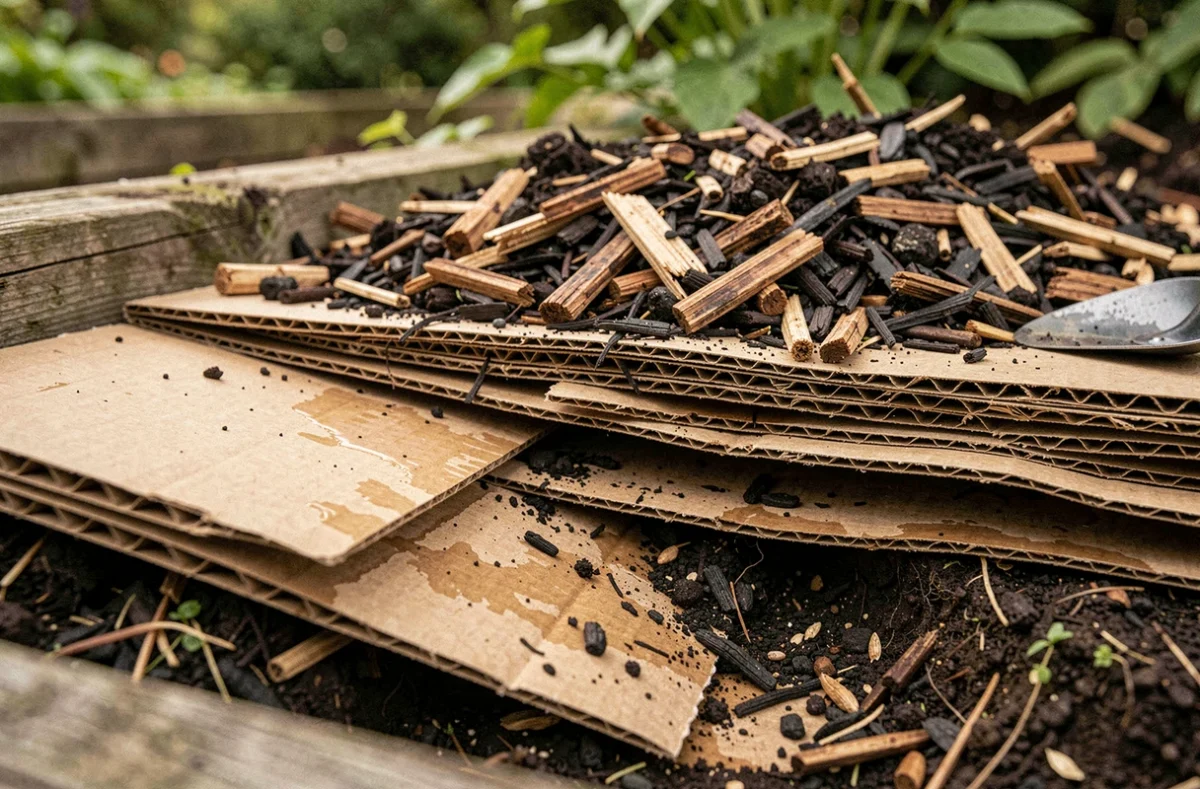 Coupe transversale d'un massif montrant du carton en fond recouvert de compost et de paillis de bois pour enrichir le sol