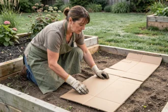 Femme posant du carton au fond d'un massif de jardin surélevé pour créer une barrière naturelle contre les mauvaises herbes