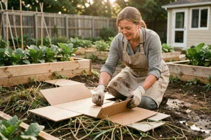 Femme jardinière posant du carton sur un potager pour un paillage naturel respectueux de l'environnement