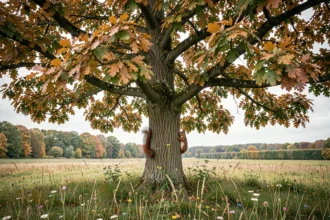 Chêne mature en automne entouré de prairie sauvage avec un écureuil roux sur l'écorce, idéal pour la biodiversité