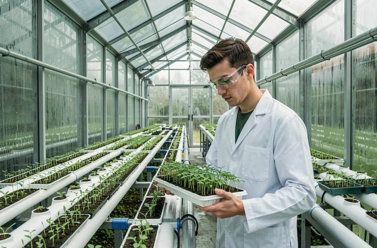 Chercheur manipulant des plateaux de semis en germination dans une serre hydroponique moderne