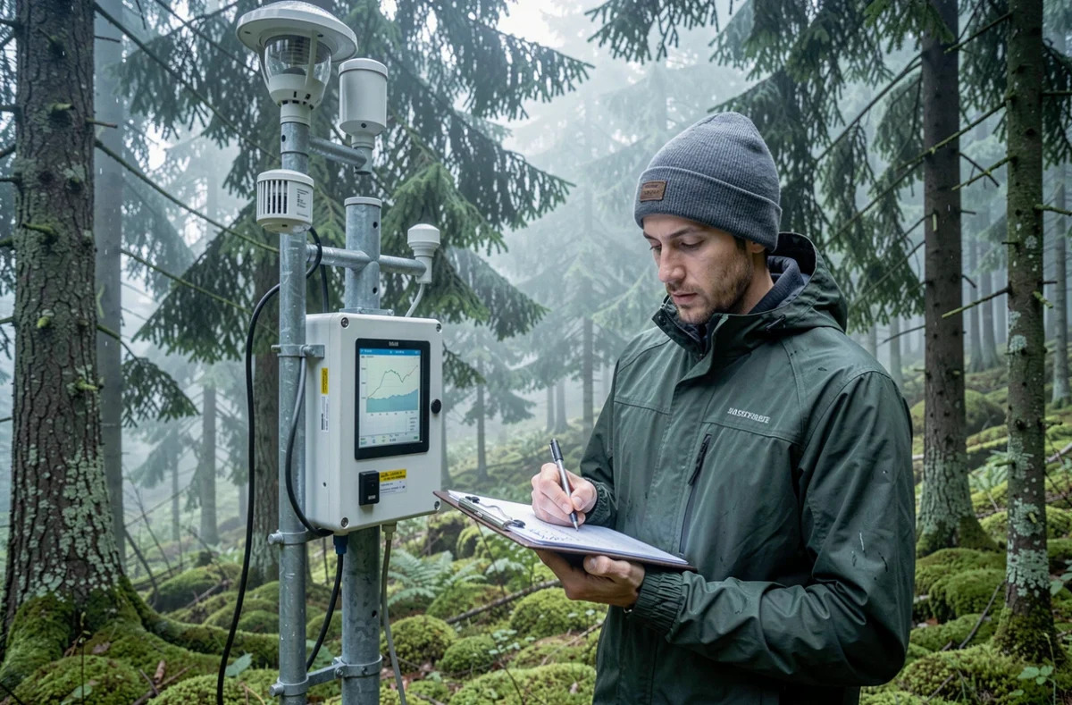 Chercheur en climatologie relevant des données bioclimatiques sur une station météorologique en forêt de montagne