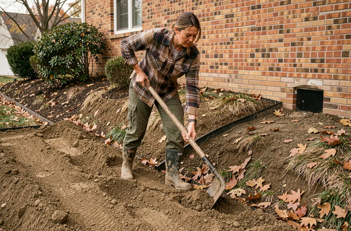 Femme compactant de la terre argileuse pour le nivellement du terrain autour d'une maison en briques
