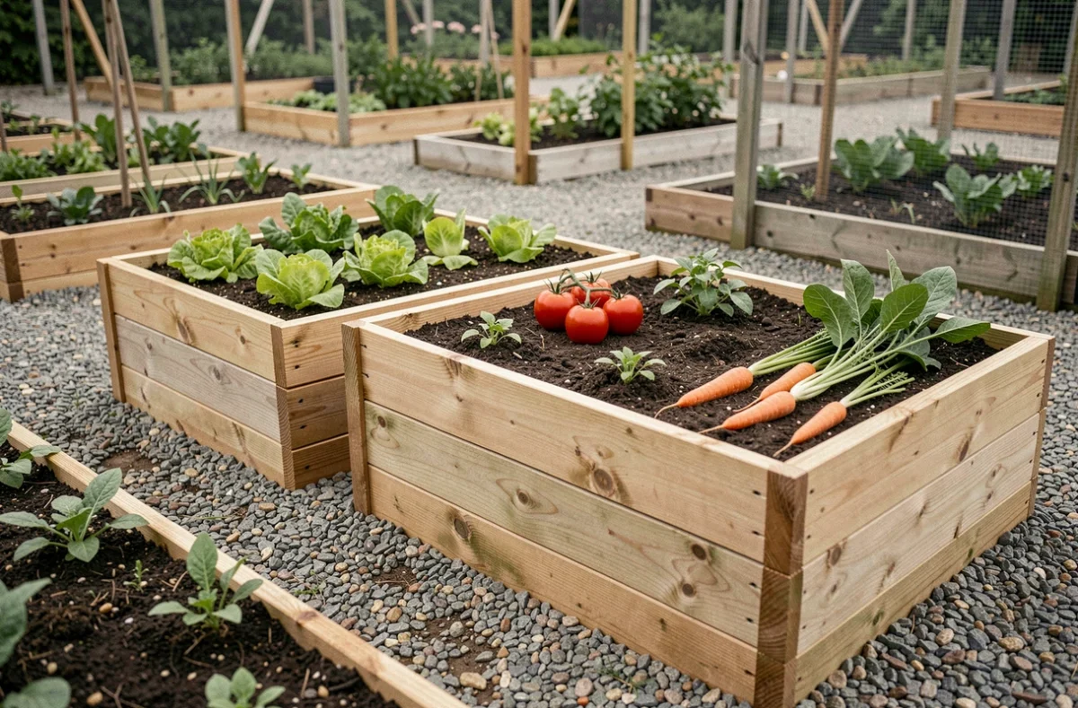 Comparaison de trois bacs potagers surélevés en bois à différentes hauteurs dans un jardin partagé