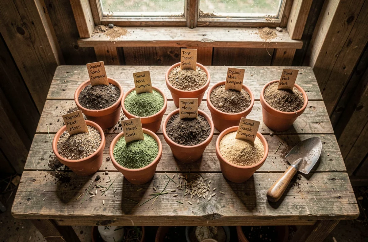 Comparaison de différents mélanges de sol dans des pots en terre cuite pour la culture du gazon sur un établi de jardinage