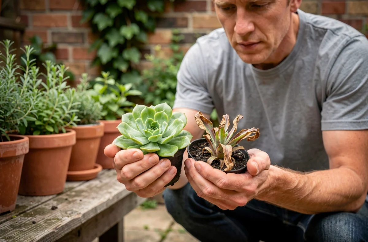 Homme comparant deux plantes succulentes côte à côte, l'une hydratée aux feuilles fermes et l'autre déshydratée aux feuilles fripées, sur un patio en pierre