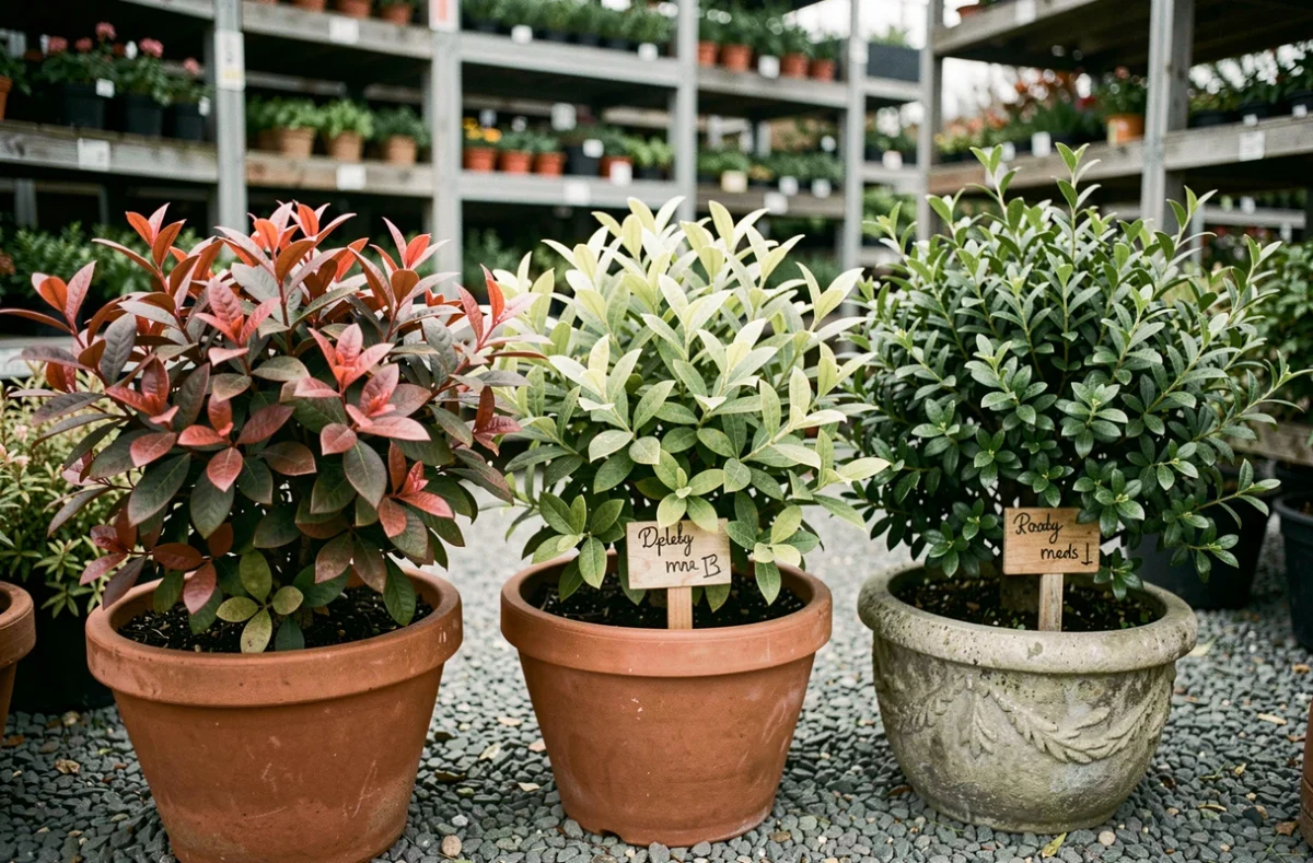 Comparaison de trois plantes à haie en jardinerie : photinia, charme et troène pour créer une haie d'intimité