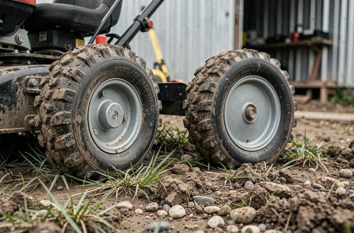 Comparaison de roues de tondeuses tout-terrain et standard sur sol inégal et terreux