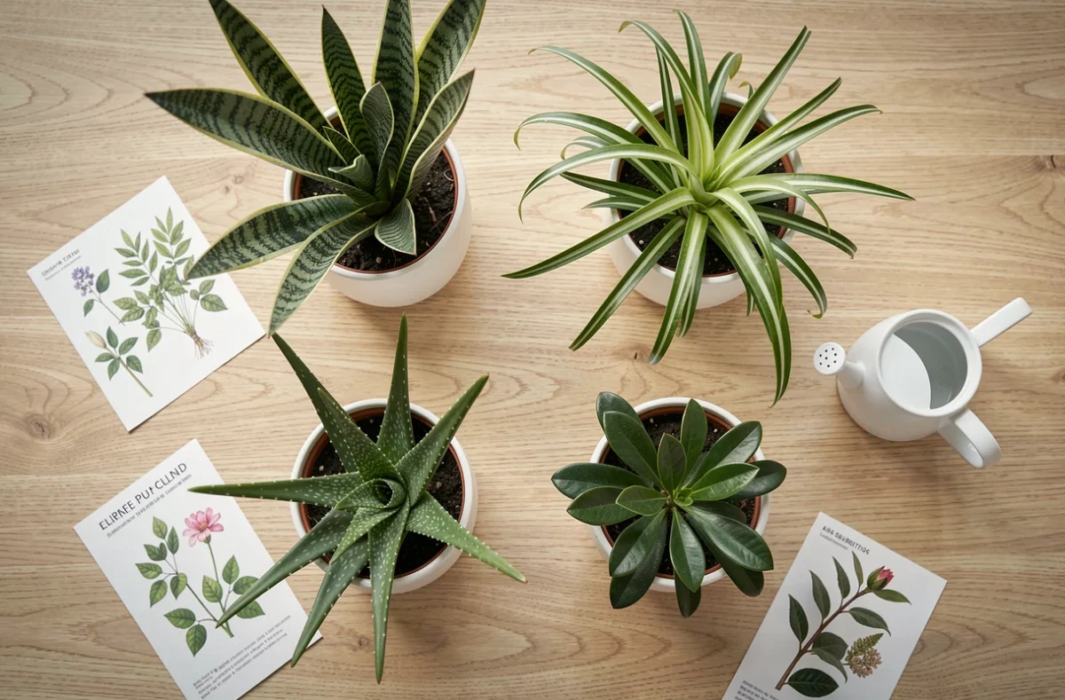 Vue de dessus de plusieurs plantes dépolluantes en pots blancs sur une surface en bois clair