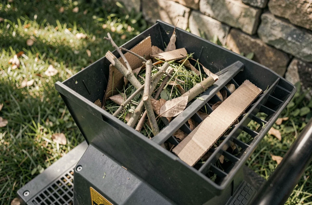 Gros plan sur le bac d'alimentation d'un broyeur rempli de feuilles mortes, brindilles et tiges végétales prêtes à être broyées