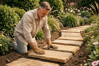 Homme posant des dalles en pierre naturelle pour créer un passage dans un jardin fleuri
