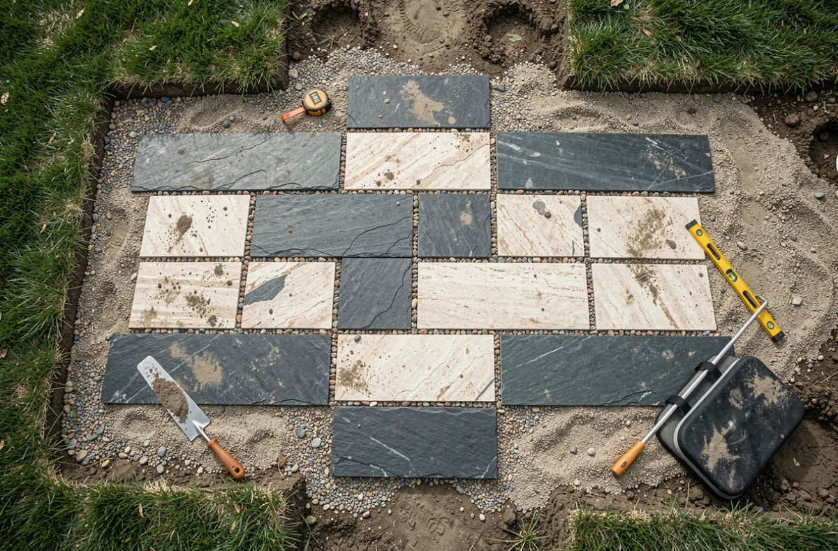 Vue aérienne d'un chemin de jardin en dalles posées sur gravier sans béton avec outils de jardinage