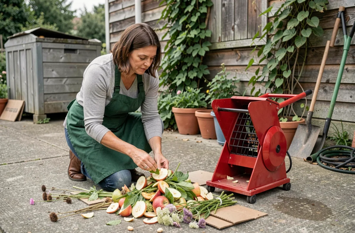 Femme triant des déchets végétaux et organiques à broyer dans un broyeur de jardin rouge à l'extérieur
