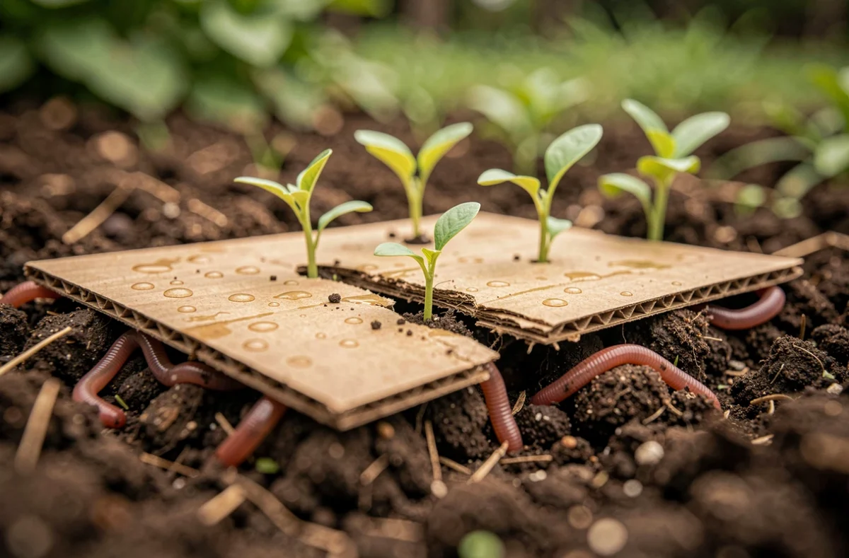 Carton en décomposition dans le sol d'un jardin avec des vers de terre et de jeunes pousses vertes