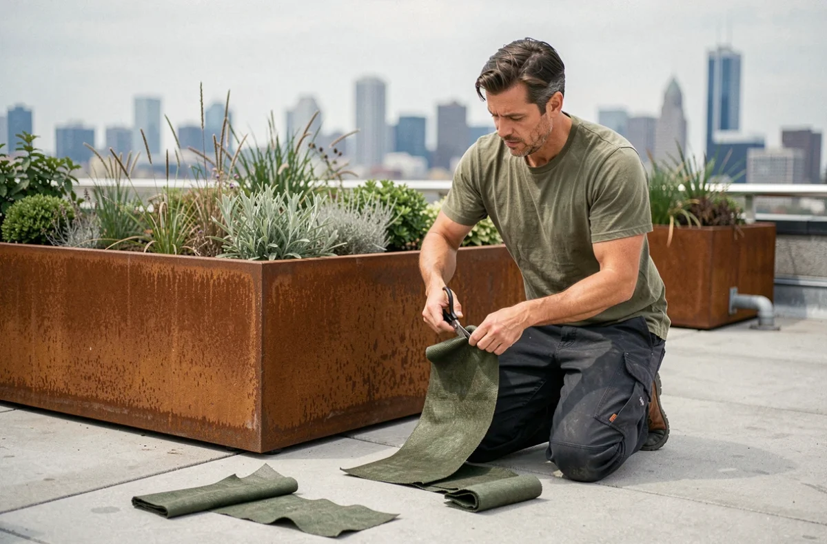 Homme découpant un géotextile pour une jardinière en acier corten sur un toit terrasse urbain